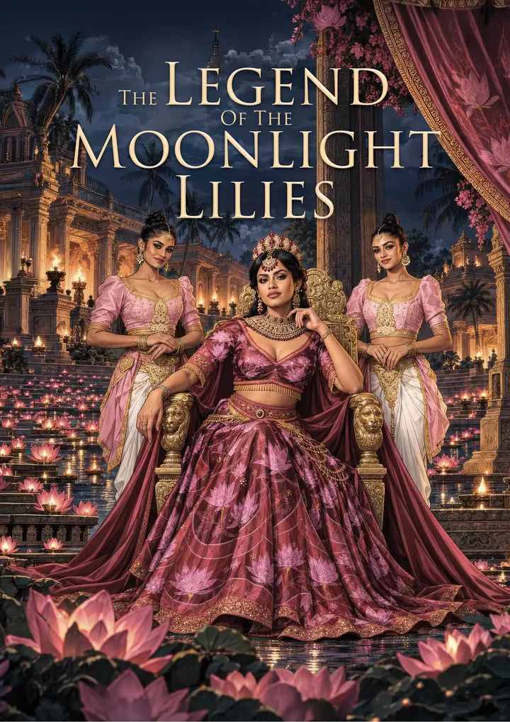 Cover of The Legend of the Moonlight Lilies: the Queen seated by a lake of glowing lilies.